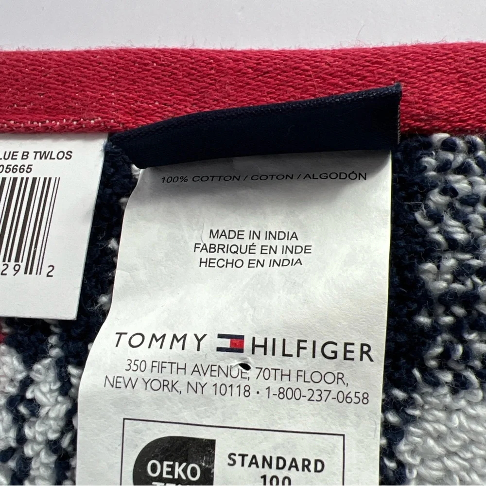 Tommy Hilfiger 2 pc Bath Towel Set Madras Plaid Blue White Red Soft Cotton NEW